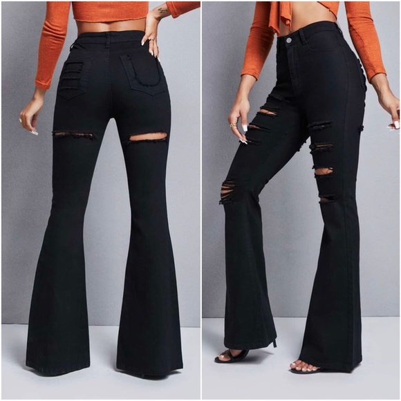 Black Distressed Retro Wide Bell Bottom Denim jeans - Picture 4 of 5